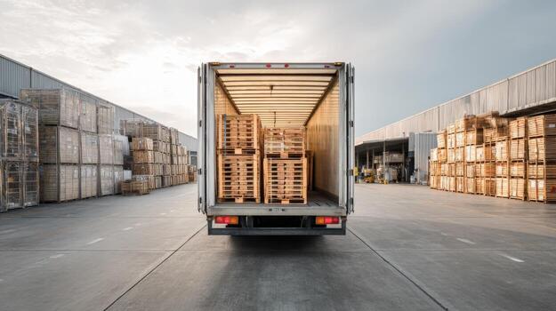 Open Truck Loaded with Pallets in a Warehouse Loading Dock Ready for Distribution and Shipping photo