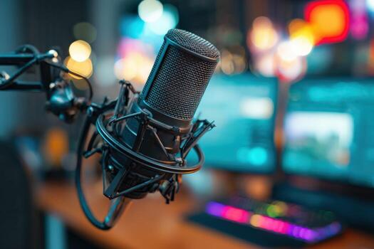 Professional Microphone Setup for Recording, Broadcasting, or Gaming with Bokeh Background - Modern Studio Equipment photo