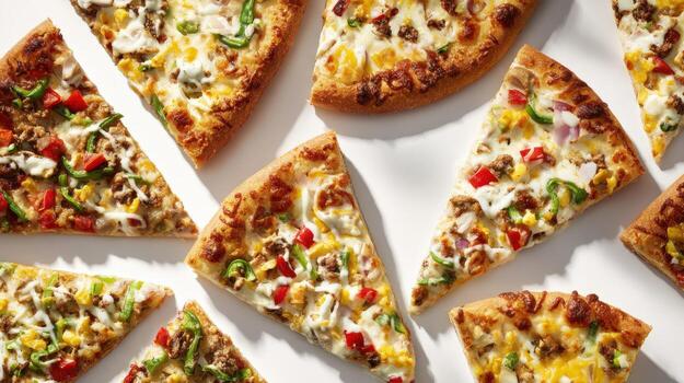 Variety of Delicious Pizza Slices with Fresh Toppings Perfect for Menu Design and Food Photography photo