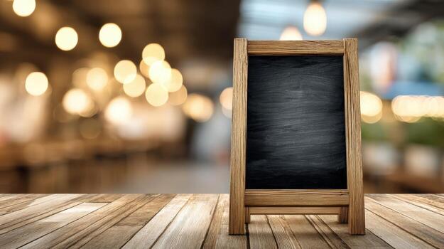 Blank Chalkboard Sign on Wooden Table with Bokeh Background for Restaurant Promotion Mockup photo