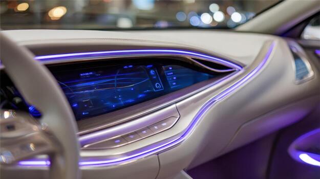 Futuristic Car Interior with Glowing Dashboard Display and Ambient Lighting for Modern Automotive Design photo
