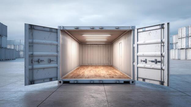 Empty Shipping Container with Open Doors Ready for Cargo, Transport, and Storage Solution photo