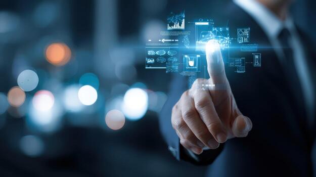 Man Touching Virtual Interface Digital Transformation, Data Analysis, and Business Intelligence Concept photo