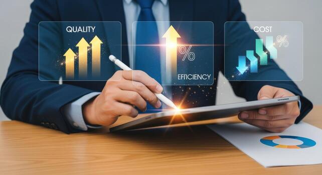 Businessman analyzing quality, efficiency, and cost improvements on a digital tablet for business growth and success photo