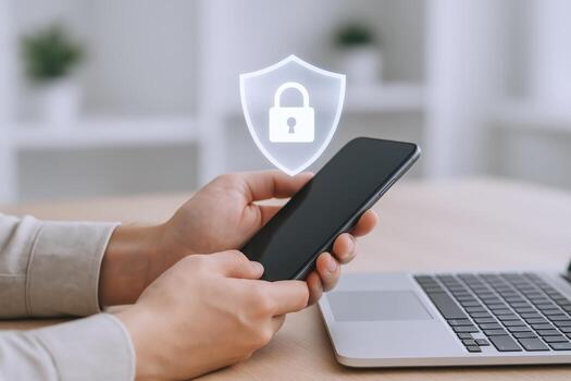 Mobile Security Concept Man Holding Smartphone with Security Shield and Padlock Overlay for Secure Transactions photo