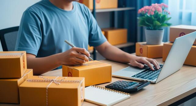 Small Business Owner Working at Desk with Laptop, Packaging Boxes, and Preparing Orders photo