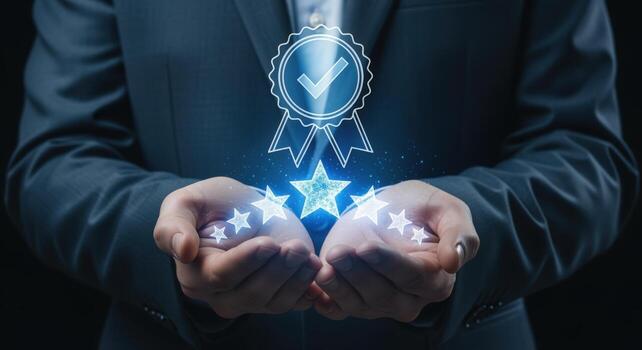 Excellence Assurance Presentation Man Holding Glowing Stars and Guarantee Emblem in Hands, Symbolizing Quality and Achievement photo