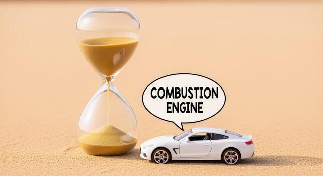 End of Combustion Engine Concept with Car and Sand Timer on Beige Background photo