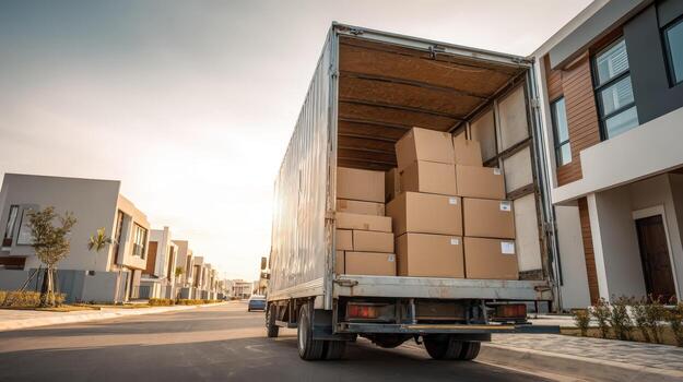 Moving Truck Unloading Cardboard Boxes in Residential Area during Sunny Day, Relocation and Home Concepts photo