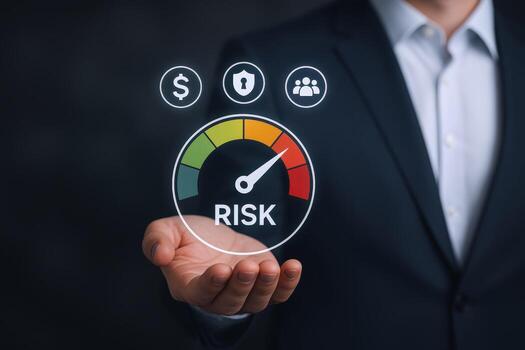 Risk Management Concept Businessman Holding a Risk Meter Displaying Financial, Security, and Teamwork Considerations photo