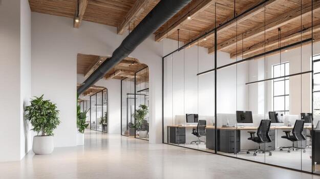 Modern Open-Concept Office Interior with Glass-Walled Conference Rooms and Minimalist Design Elements for Collaborative Work photo