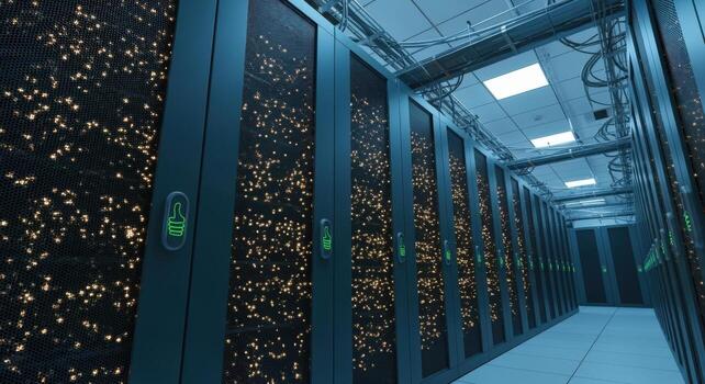 Data Center Interior with Rows of Servers, Modern IT Infrastructure for Cloud Computing photo