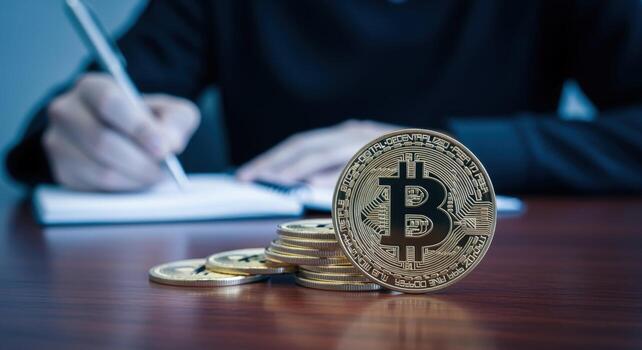 Cryptocurrency Financial Planning Close-up of Coin Stack with Person Writing in Notebook on Desk photo