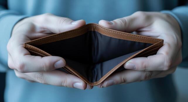 Empty Wallet Held Open in Hands Depicting Financial Hardship, Bankruptcy, or Lack of Funds photo