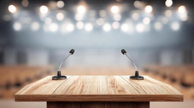 vacío de madera podio con micrófonos en grande sala para discurso, presentación, o conferencia foto