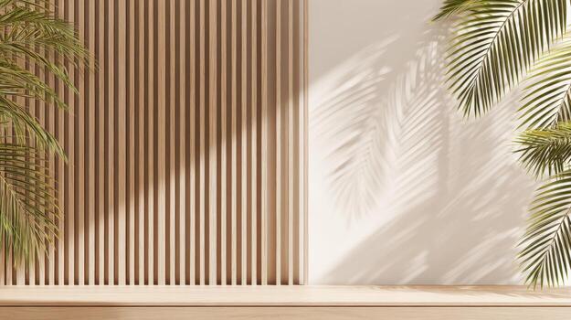 Tropical Product Display Mockup with Palm Leaves and Natural Light on Neutral Background photo