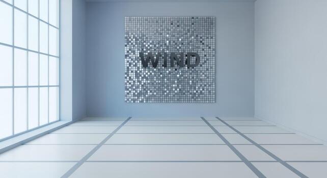 Minimalist Empty Room with Square Pattern Wall and Window, Featuring the Word WIND for Conceptual Design photo