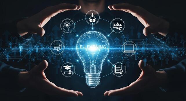 E-Learning Concept Man Holding Light Bulb with Digital Icons representing Online Education and Courses photo