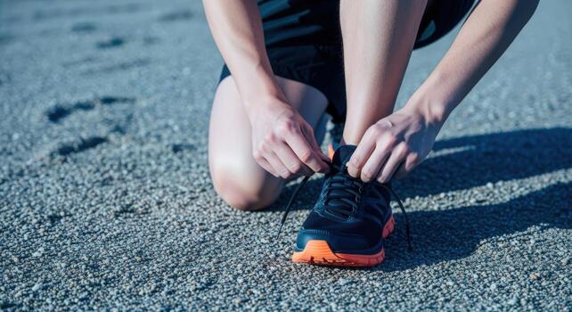 Athlete Tying Shoelaces Before Running on Path - Preparation and Focus for Fitness photo