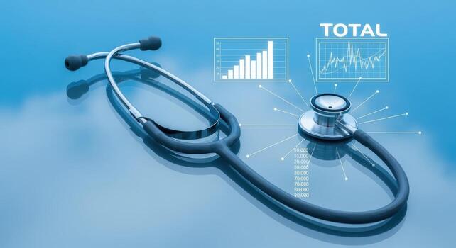 Medical Stethoscope with Financial Growth Graphics Illustrating Healthcare Analytics and Performance on Blue Background photo