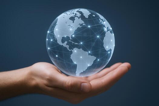 Global Network in Hand Conceptual Image of Interconnected World, Technology and Communication photo