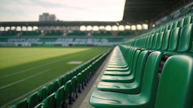 Empty Green Stadium Seating Rows Awaiting Fans and Sporting Events with Field View photo
