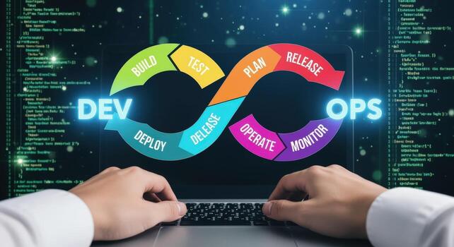 DevOps Lifecycle Visualization Software Development and IT Operations Workflow on Screen with Hands on Laptop photo