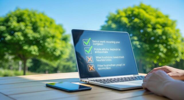 Laptop Screen Displaying Task Management List with Hands Typing, Mobile Phone on Wooden Table Outdoors photo