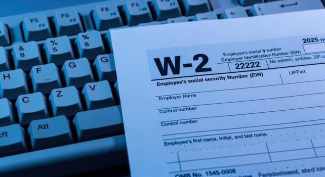 W-2 Tax Form Document with Keyboard, Preparing Taxes, Financial Statements, and Federal Income Tax Returns photo