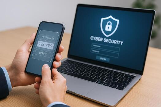 Two-Factor Authentication on Phone and Laptop Screen Displaying Cyber Security Shield for Data Protection photo