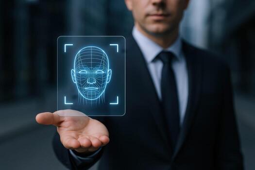Businessman Presenting Futuristic Face Scan Technology for Security and Identification Purposes in Urban Environment photo