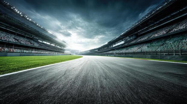 Dramatic Asphalt Race Track View with Stadium Seating and Overcast Sky photo