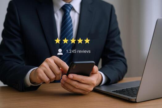 profesional comentarios en móvil hombre en traje comprobación realimentación con cinco estrellas clasificación desplegado terminado dispositivo foto