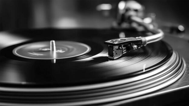 Monochrome Close-Up of a Record Player Playing Vinyl, Capturing the Nostalgia of Analog Music photo