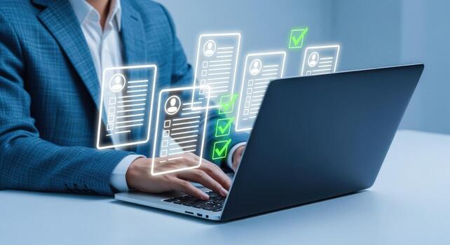 Professional reviews applications on laptop with digital interface showcasing profiles and approval checkmarks, concept of recruitment photo