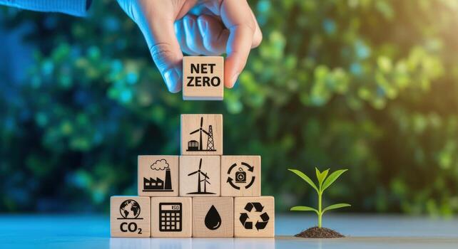 Achieving Net Zero Building a Sustainable Future with Renewable Energy and Environmental Responsibility, Illustrated with Blocks photo