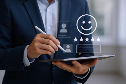 Customer Feedback Analysis on Tablet Businessman Evaluating Satisfaction with Digital Tools and Virtual Interface photo