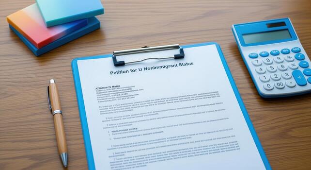 U Nonimmigrant Status Petition Form on a Clipboard, Surrounded by Pen, Calculator, and Notepads photo