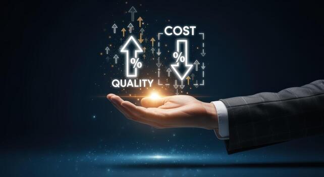 Quality Improvement and Cost Reduction Business Strategy Depicted by Hand with Arrows on Dark Background photo