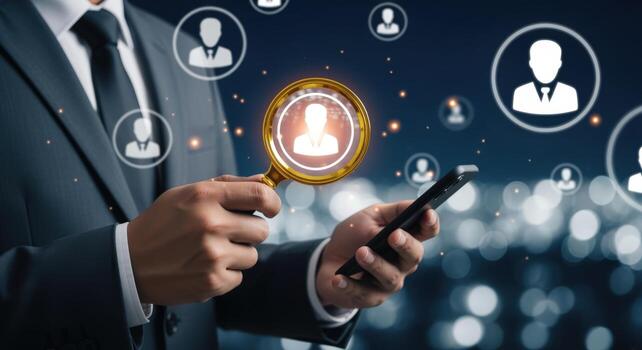 HR professional using smartphone with magnifying glass to find the right candidate for job opening in the digital age photo
