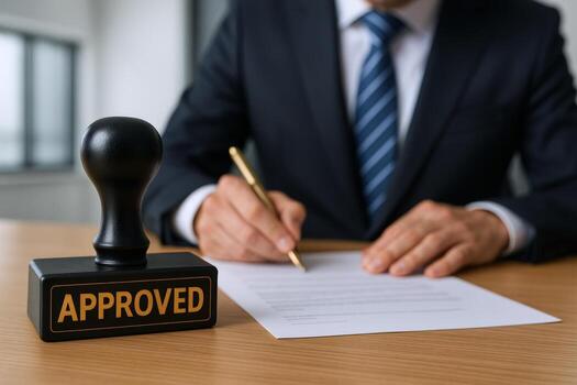 Approved Document Businessman Finalizing Agreement with Stamp for Official Confirmation and Compliance photo