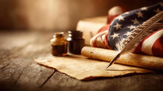 Patriotic Still Life Featuring Feather Quill, Ink, and Scroll on a Rustic Wooden Surface photo