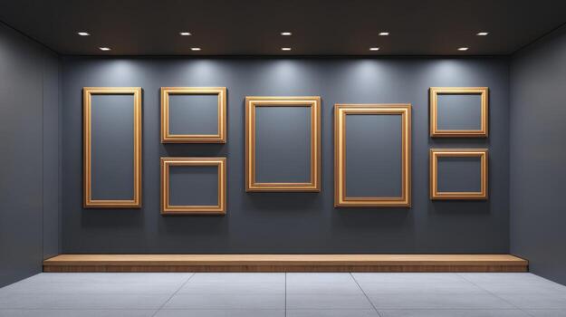 Gallery Wall Mockup with Empty Gold Frames on Dark Blue Wall for Art Display photo