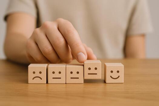 Hand Selecting a Positive Emotion from Wooden Blocks Customer Feedback and Satisfaction Concept photo