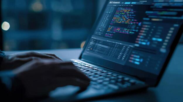 de cerca de descifrador trabajando en ordenador portátil con complejo código, ideal para software desarrollo y tecnología conceptos foto