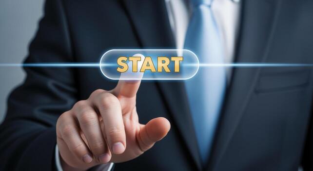 Businessman in Suit Touching a Start Button on a Futuristic Interface, Ready to Launch a New Initiative photo