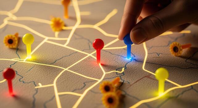 Hand Placing a Blue Pin on a City Map for Navigation, Location Finding and Planning photo