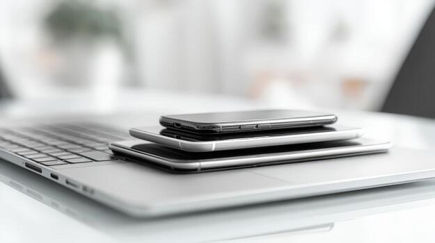 Stacked Mobile Devices on Laptop with Blurred Background for Technology, Business, and Productivity Concepts photo