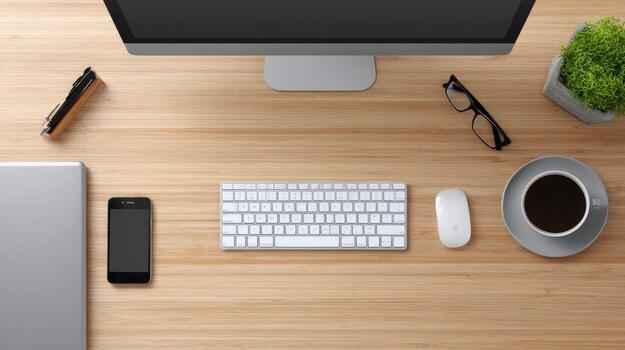 Overhead View of Wooden Desk with Computer, Keyboard, Coffee, and Accessories for Product Mockups photo