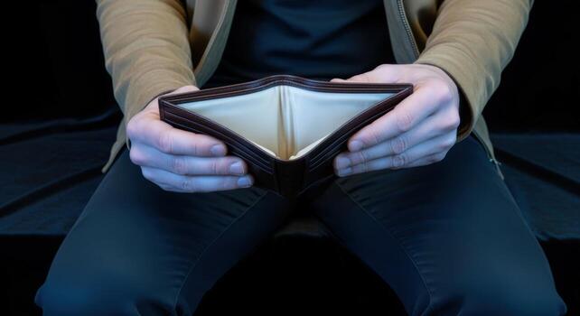 Empty Wallet Displayed by a Man, Symbolizing Financial Hardship and Economic Challenges with Dark Background photo